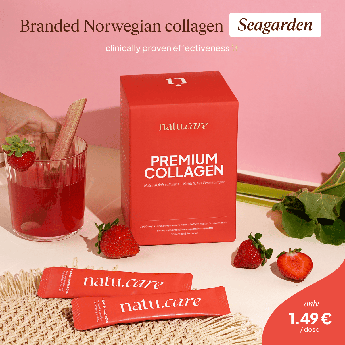 Premium Collagen Beauty 5000 mg, Erdbeere-Rhabarber