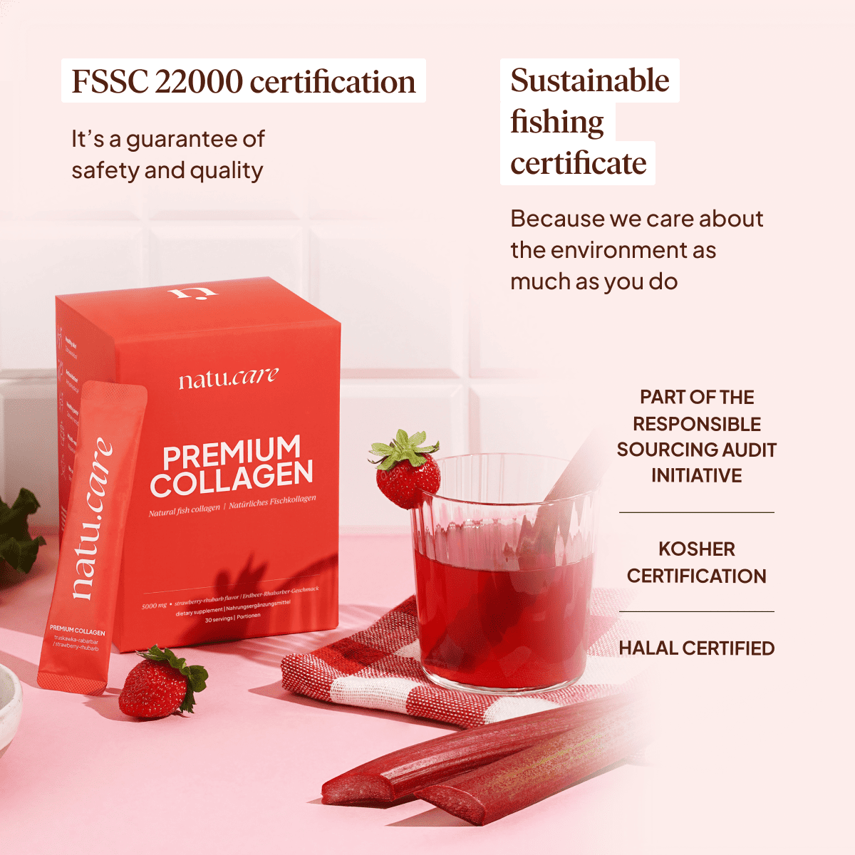 Premium Collagen Beauty 5000 mg, Erdbeere-Rhabarber